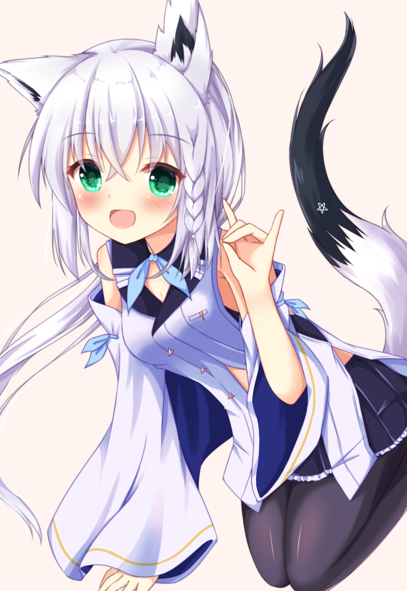 1girl :d animal_ear_fluff animal_ears azur_lane bangs bare_shoulders black_legwear black_skirt blue_neckwear blush braid breasts brown_background cleavage commentary_request detached_sleeves eyebrows_visible_through_hair fox_ears fox_girl fox_shadow_puppet fox_tail frilled_skirt frills green_eyes hair_between_eyes hand_up highres hololive kedama_(kedama_akaza) long_sleeves neckerchief open_mouth pantyhose pleated_skirt shirakami_fubuki shirt silver_hair simple_background skirt sleeveless sleeveless_shirt sleeves_past_wrists small_breasts smile solo tail virtual_youtuber white_shirt white_sleeves wide_sleeves