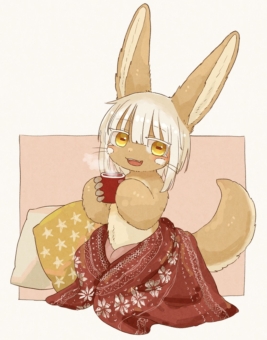 1other androgynous animal_ears blanket blush brown_eyes coffee cup eyebrows_visible_through_hair full_body furry highres holding holding_cup kawasemi27 looking_at_viewer made_in_abyss nanachi_(made_in_abyss) open_mouth pillow short_hair smile tail upper_teeth white_hair