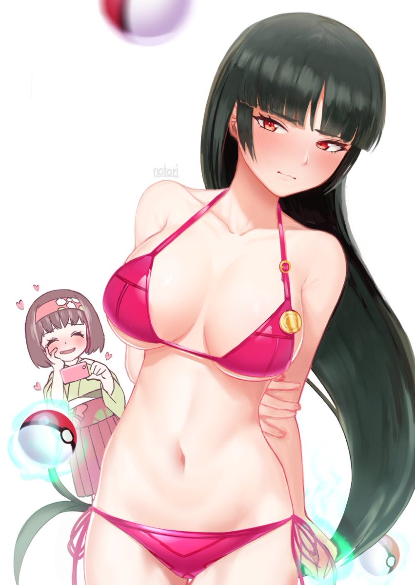 2girls arm_behind_back badge bikini black_hair blush breasts cellphone erika_(pokemon) gym_leader gym_leader_badge hairband heart highres japanese_clothes kimono large_breasts long_hair marsh_badge multiple_girls natsume_(pokemon) navel notori_d phone poke_ball poke_ball_(generic) pokemon pokemon_(game) pokemon_lgpe red_eyes side-tie_bikini signature smartphone swimsuit taking_picture telekinesis white_background