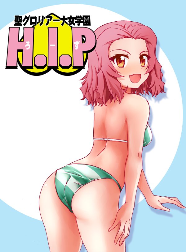 1girl :d arched_back ass back bikini brown_eyes character_name commentary_request fang fujimaru_arikui girls_und_panzer green_bikini leaning_forward looking_at_viewer looking_back medium_hair open_mouth red_hair rosehip skin_fang smile solo standing swimsuit