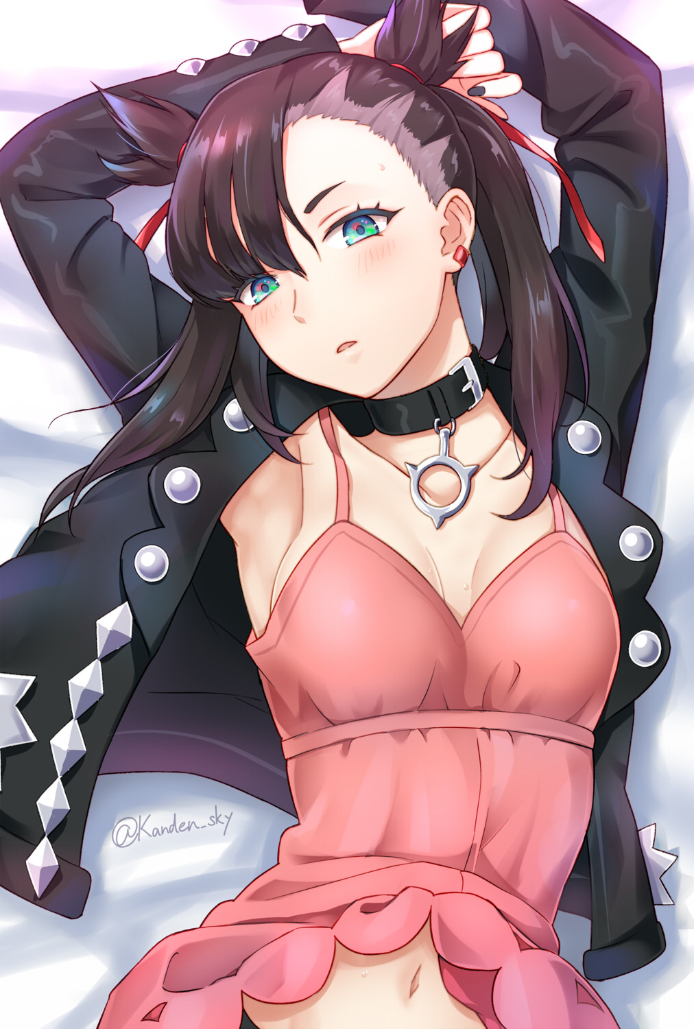 1girl aqua_eyes armpits arms_up asymmetrical_bangs asymmetrical_hair bangs black_hair black_jacket black_nails blush breasts choker dress earrings hair_ribbon highres jacket jewelry kanden_suki long_sleeves looking_at_viewer lying mary_(pokemon) on_back open_clothes open_mouth pink_dress pokemon pokemon_(game) pokemon_swsh red_ribbon ribbon solo twintails twitter_username