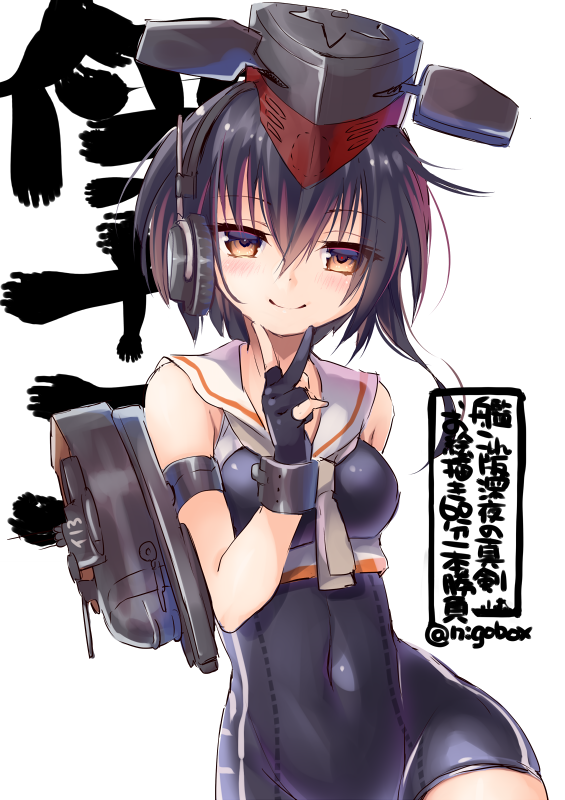 1girl asymmetrical_hair black_hair blush breasts brown_eyes covered_navel eyebrows_visible_through_hair framed_breasts gloves hair_between_eyes hat headphones i-13_(kantai_collection) kantai_collection looking_at_viewer nigo one-piece_swimsuit open_mouth partly_fingerless_gloves sailor_collar school_swimsuit shirt short_hair smile solo swimsuit turret twitter_username