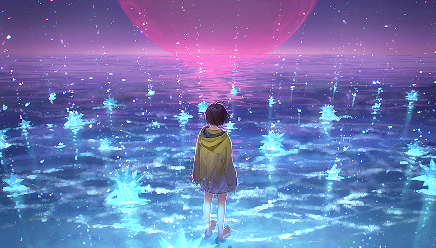 1girl ahoge bare_legs barefoot black_hair bob_cut commentary_request crystal facing_away fantasy from_above from_behind hiko_(scape) hood hood_down hooded_jacket horizon jacket long_sleeves meteor night night_sky ocean original planet scenery short_hair sky solo standing standing_on_liquid star_(sky) yellow_jacket
