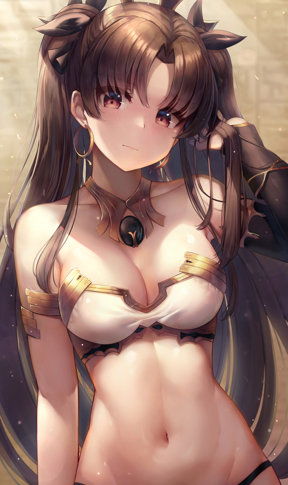 1girl arm_at_side armlet asymmetrical_sleeves bangs bare_shoulders black_hair blush breasts commentary crown detached_collar earrings elbow_gloves eyebrows_visible_through_hair fate/grand_order fate_(series) gloves hair_ribbon hand_in_hair head_tilt highres hoop_earrings ishtar_(fate/grand_order) jewelry light_particles long_hair looking_at_viewer medium_breasts motokonut navel parted_bangs red_eyes ribbon single_elbow_glove solo stomach two_side_up