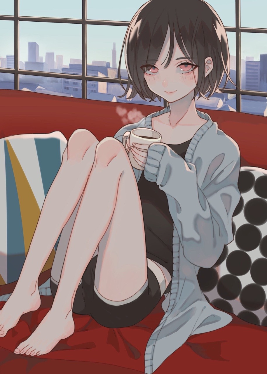 1boy barefoot black_hair blue_jacket blush city coffee coffee_mug collarbone couch cup cushion day highres holding holding_cup indoors jacket kirudai knees knees_up legs lips looking_at_viewer mug on_couch open_clothes open_jacket original otoko_no_ko pillow red_eyes shorts skyline sleeves_past_wrists smile solo steam tsurime window