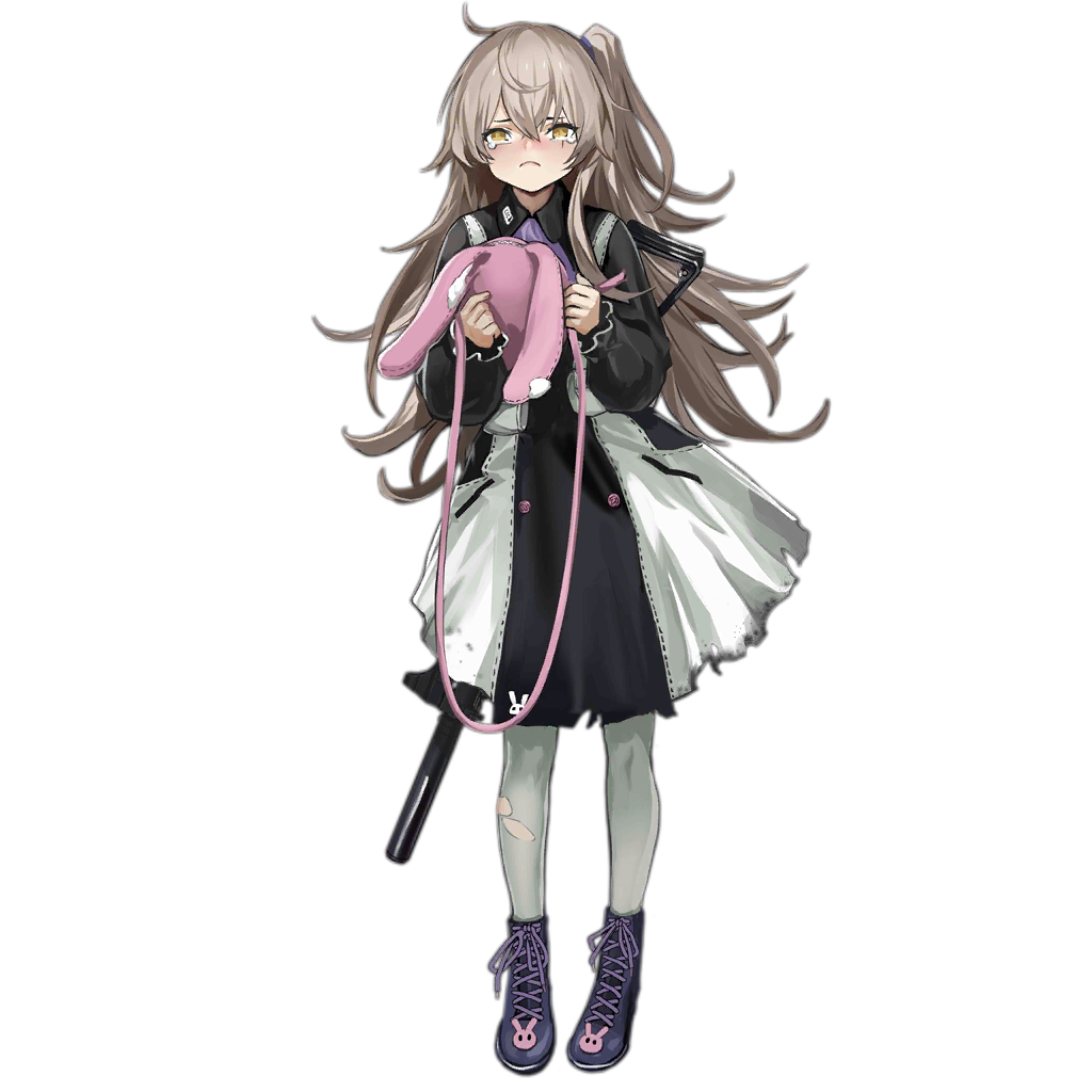 1girl alternate_costume ascot bag bangs black_dress boots brown_eyes collared_dress cross-laced_footwear crossed_bangs crying crying_with_eyes_open curly_hair dress frown full_body girls_frontline grey_hair gun h&amp;k_ump h&amp;k_ump45 hair_between_eyes hair_ornament heckler_&amp;_koch holding holding_bag infukun lace-up_boots long_hair looking_at_viewer official_art one_side_up pantyhose purple_footwear purple_neckwear scar scar_across_eye shoulder_bag submachine_gun tears torn_clothes transparent_background two-tone_dress ump45_(girls_frontline) weapon weapon_on_back white_dress white_legwear younger