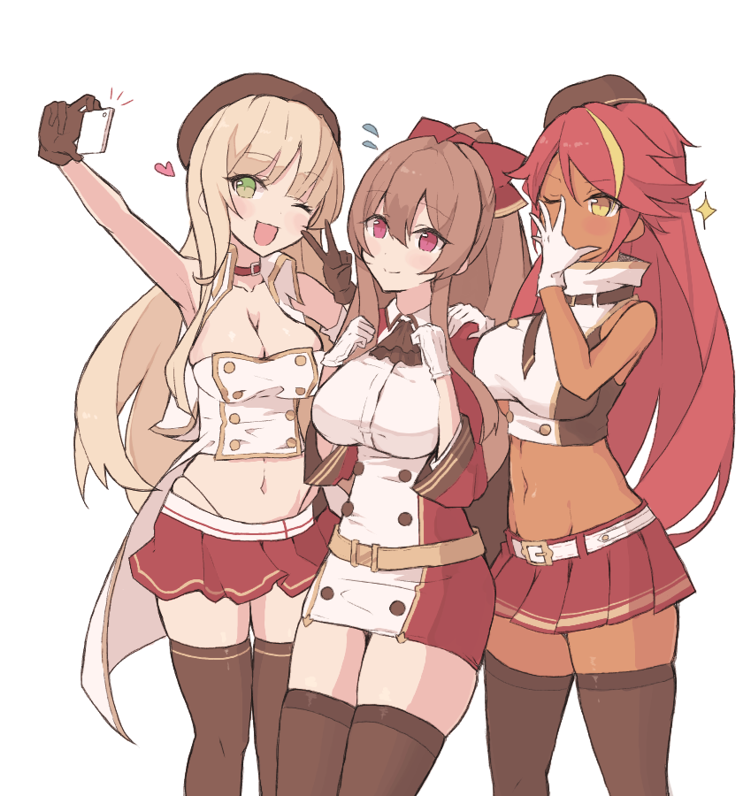 3girls artist_request azur_lane bangs belt black_gloves black_legwear blonde_hair blush breasts brown_hair cleavage dark_skin fiji_(azur_lane) gloves green_eyes hair_between_eyes hair_ribbon hat head_tilt highleg highleg_panties jamaica_(azur_lane) large_breasts long_hair multicolored_hair multiple_girls navel one_eye_closed open_mouth panties parted_bangs pleated_skirt ponytail red_eyes red_hair red_ribbon red_skirt ribbon self_shot shirt sidelocks simple_background skirt sleeveless sleeveless_shirt smile standing streaked_hair swiftsure_(azur_lane) thighhighs thighs underwear v very_long_hair white_background white_gloves yellow_eyes