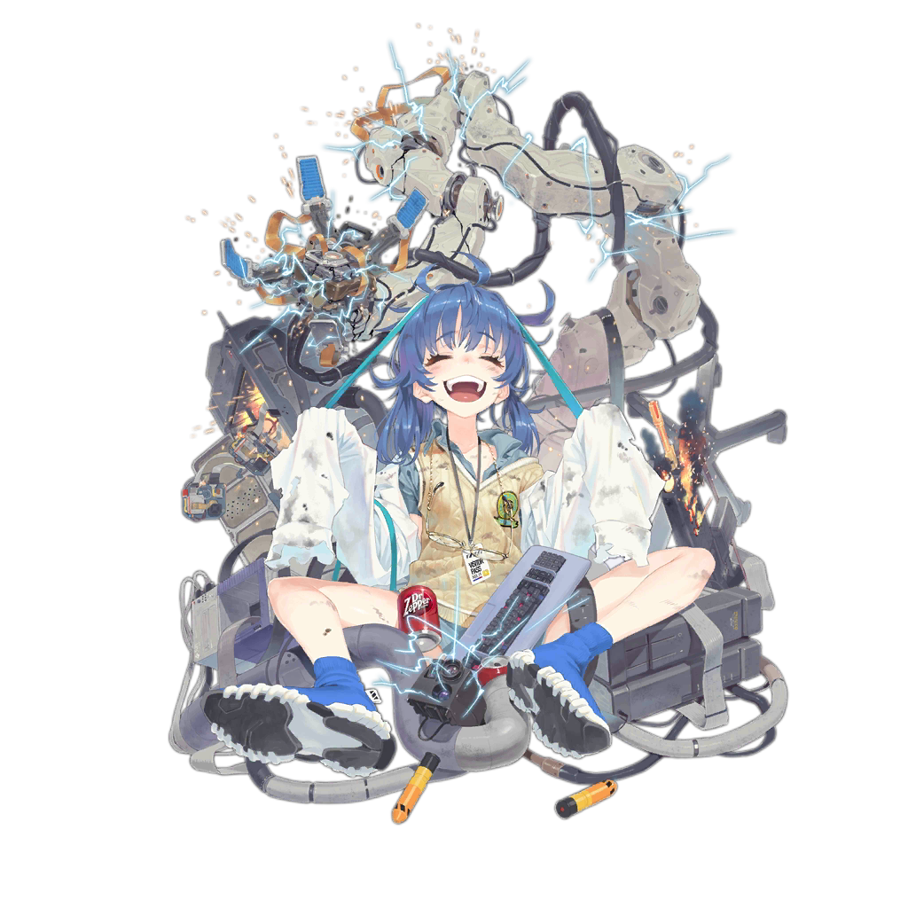 1girl :d ^_^ alternate_costume ankle_boots assault_rifle bandaid bandaid_on_knee bangs beige_vest black_shorts blue_footwear blue_hair blue_shirt blush boots breasts bulletproof_vest calculator closed_eyes coat collared_shirt computer_tower daewoo_k11 damaged dirty dr_pepper electricity explosion explosive eyebrows_visible_through_hair facing_viewer fire full_body girls_frontline glasses grenade gun hair_between_eyes hair_half_undone hair_ornament holding_magazine_(weapon) k11_(girls_frontline) keyboard labcoat ladic long_hair messy_hair multimeter official_art open_clothes open_coat open_mouth purple_eyes rifle shirt shorts sidelocks sitting sleeves_past_fingers sleeves_past_wrists smile solo transparent_background watch weapon white_coat wristwatch x_hair_ornament younger
