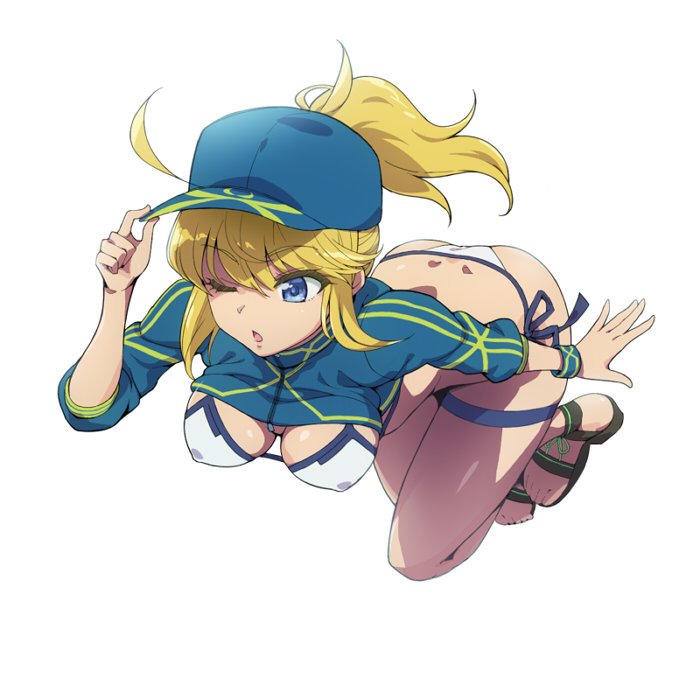 1girl ;o ahoge artoria_pendragon_(all) ass bangs baseball_cap bikini blonde_hair blue_eyes blue_headwear blue_jacket breasts covered_nipples cropped_jacket crossed_ankles eyebrows_visible_through_hair fate/grand_order fate_(series) floating hair_between_eyes hair_through_headwear hairu hat jacket large_breasts long_hair mysterious_heroine_xx_(foreigner) one_eye_closed ponytail sandals shrug_(clothing) side-tie_bikini simple_background solo swimsuit thigh_strap white_background white_bikini wristband zipper_pull_tab