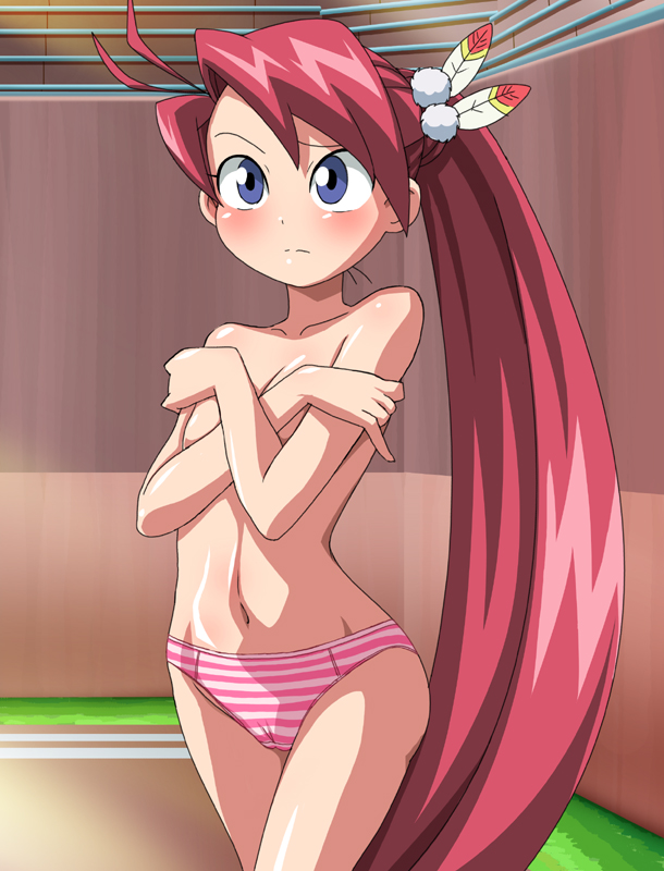 bad_id bad_pixiv_id blue_eyes blush breast_hold breasts cameltoe covering feathers flat_chest kozeri_ai live_on_cardliver_kakeru long_hair makino_tomoyasu navel panties pinky_out ponytail red_hair solo striped striped_panties topless underwear underwear_only