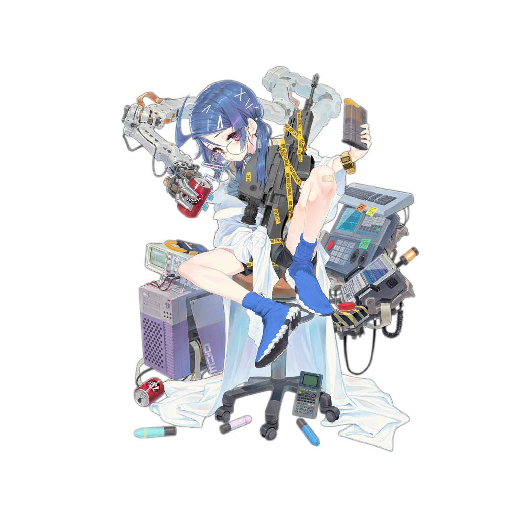 1girl alternate_costume ankle_boots assault_rifle bandaid bandaid_on_knee bangs black_shorts blue_footwear blue_hair blush boots breasts bulletproof_vest calculator chair coat computer_tower daewoo_k11 dr_pepper drinking explosive eyebrows_visible_through_hair eyes_visible_through_hair full_body girls_frontline glasses grenade gun hair_between_eyes hair_ornament holding_magazine_(weapon) k11_(girls_frontline) labcoat ladic long_hair looking_at_viewer low_twintails messy_hair multimeter official_art open_clothes open_coat purple_eyes rifle shirt shorts sidelocks sitting sleeves_past_fingers sleeves_past_wrists solo transparent_background twintails watch weapon white_coat wristwatch x_hair_ornament younger