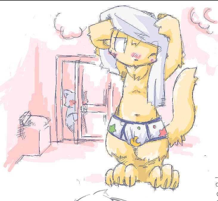 3_toes blush canid canine clothing itadakicat male mammal navel nipples steam toes underwear