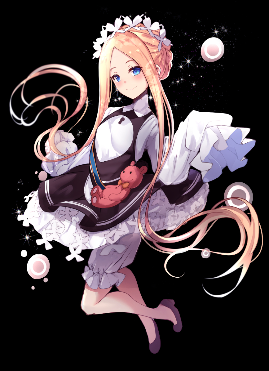 1girl abigail_williams_(fate/grand_order) bangs black_dress black_footwear blonde_hair bloomers blue_eyes blush braid butterfly_hair_ornament closed_mouth commentary_request dress fate/grand_order fate_(series) full_body hair_ornament heroic_spirit_festival_outfit long_hair long_sleeves parted_bangs shirt shoes sidelocks sleeveless sleeveless_dress sleeves_past_fingers sleeves_past_wrists smile solo stuffed_animal stuffed_toy teddy_bear underwear untsue very_long_hair white_bloomers white_shirt