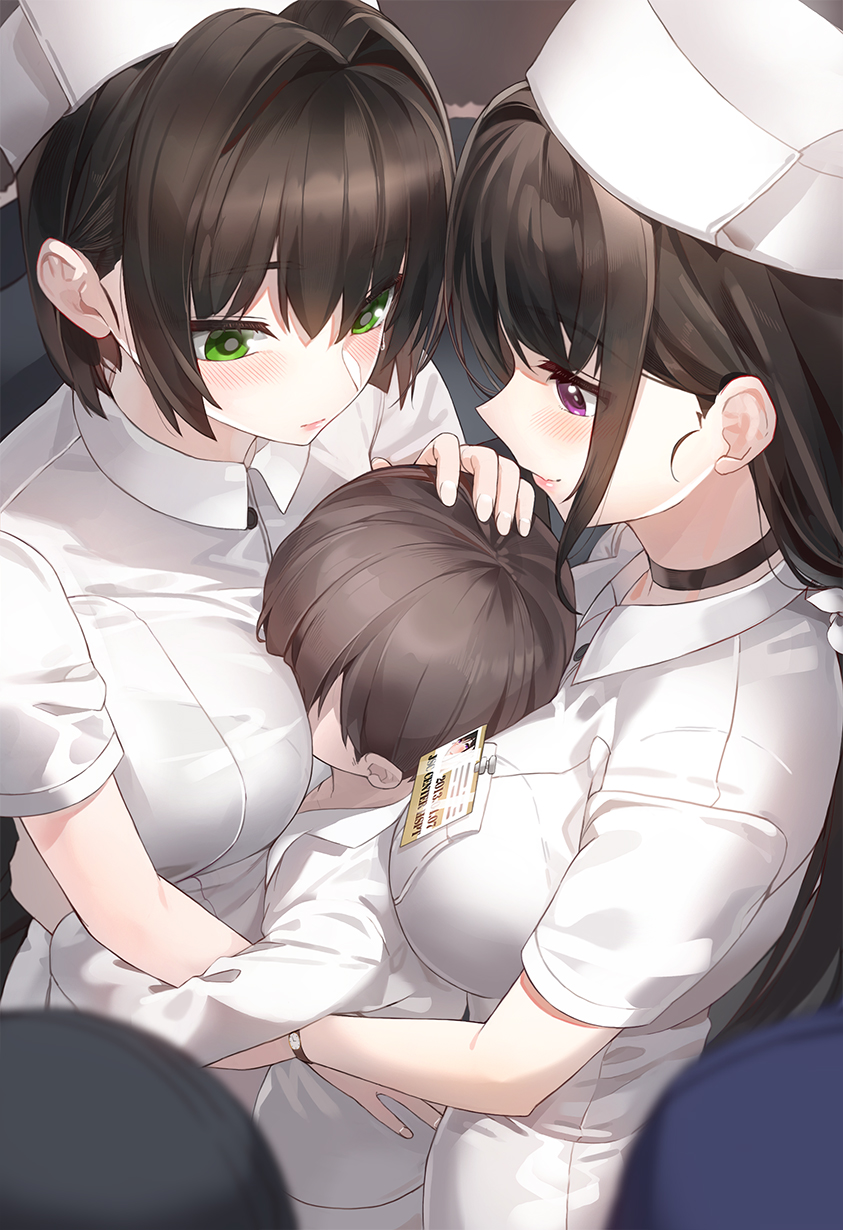 1boy 2girls bangs between_breasts black_choker blush breast_pocket breast_smother breasts brown_hair child choker commentary_request eyebrows_behind_hair faceless faceless_male from_above green_eyes hair_between_eyes hair_intakes hair_ornament hand_on_another's_head hat head_between_breasts highres hug kfr large_breasts long_hair looking_at_another multiple_girls name_tag nurse nurse_cap original pocket purple_eyes sandwiched see-through shirt short_hair short_sleeves sidelocks sweatdrop tied_hair watch white_shirt wristwatch