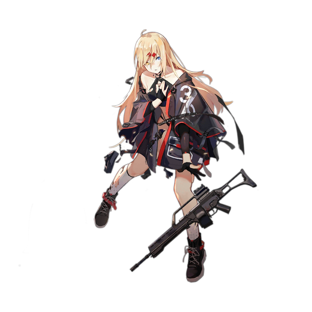 1girl ahoge ankle_boots assault_rifle asymmetrical_legwear bangs black_bra black_gloves black_panties blonde_hair blue_eyes boots bra breasts choker clothes_writing coat collarbone cross-laced_footwear damaged full_body girls_frontline gloves gun h&amp;k_mg36 hair_ornament hair_over_one_eye heckler_&amp;_koch heterochromia holding holding_gun holding_weapon kneehighs lace-up_boots leaning_forward leg_up long_hair mg36_(girls_frontline) mole mole_under_eye multicolored multicolored_clothes nunuan o-ring o-ring_top off_shoulder official_art panties parted_lips partly_fingerless_gloves rifle sidelocks single_kneehigh single_sock small_breasts snap-fit_buckle socks solo standing thigh_strap torn_clothes transparent_background underwear weapon yellow_eyes zipper