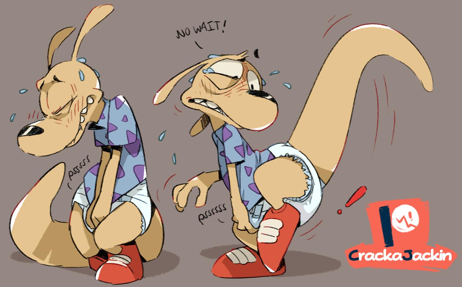 ! 2019 anthro blush bodily_fluids clothing covering covering_self crackajackin dialogue diaper embarrassed english_text footwear furgonomics hand_on_diaper kangaroo macropod male mammal marsupial nickelodeon rocko's_modern_life rocko_rama shirt shoes solo standing text topwear touching_diaper underwear