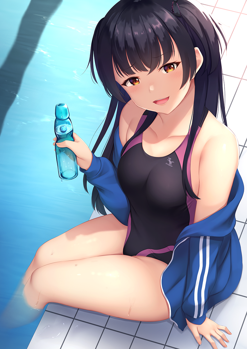 1girl :d bare_shoulders black_hair black_ribbon black_swimsuit blue_jacket blush breasts collarbone commentary_request competition_swimsuit hair_ribbon highres holding idolmaster idolmaster_shiny_colors jacket long_hair long_sleeves looking_at_viewer mayuzumi_fuyuko medium_breasts momo_no_kanzume off_shoulder on_floor one-piece_swimsuit open_mouth pool poolside red_eyes ribbon sidelocks sitting smile soaking_feet solo swimsuit thighs track_jacket tupet water