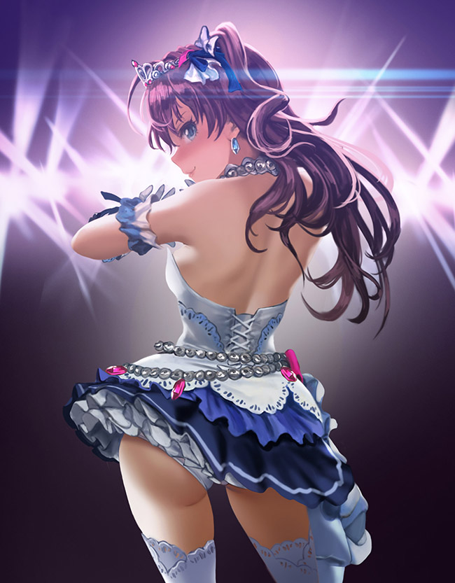 1girl ahoge ass backlighting bangs bare_shoulders blue_eyes blush breasts contrapposto cowboy_shot dress earrings from_behind gloves halterneck hamedoragon ichinose_shiki idolmaster idolmaster_cinderella_girls idolmaster_cinderella_girls_starlight_stage jewelry long_hair looking_at_viewer medium_breasts smile solo stage_lights starry_sky_bright thighhighs tiara wavy_hair white_gloves