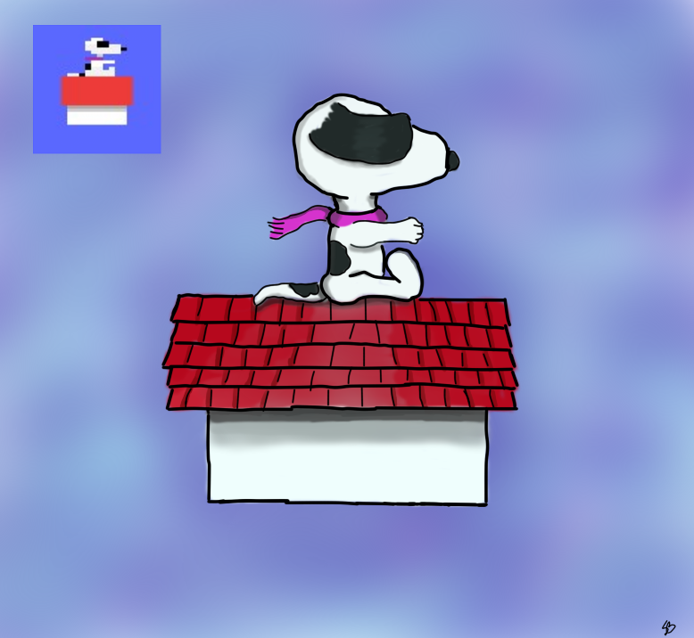 atari black_body black_fur canid canine canis dog_house domestic_dog flying fur mammal peanuts peanuts_(comic) pixel sadlmen scarf sitting sky snoopy snoopy_and_the_red_baron_(1983) white_body white_fur