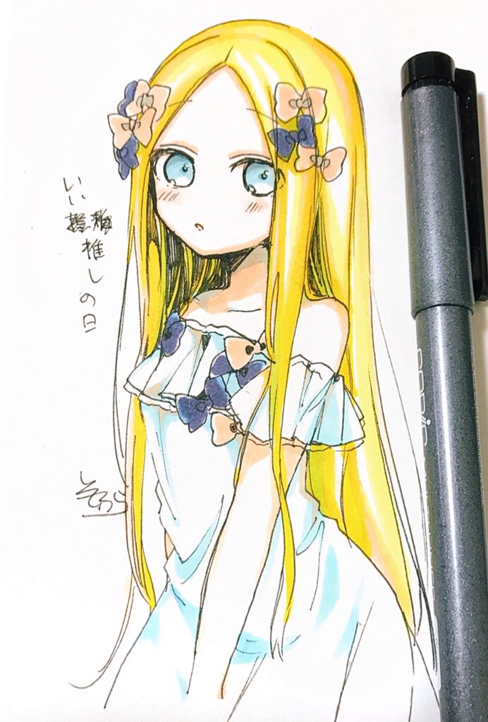 1girl abigail_williams_(fate/grand_order) alternate_costume bangs bare_shoulders black_bow blonde_hair blue_eyes blush bow collarbone dress dress_bow eyebrows_visible_through_hair fate/grand_order fate_(series) forehead hair_bow long_hair looking_at_viewer multiple_bows multiple_hair_bows off-shoulder_dress off_shoulder orange_bow parted_bangs parted_lips photo signature sofra solo traditional_media translation_request very_long_hair white_background white_dress