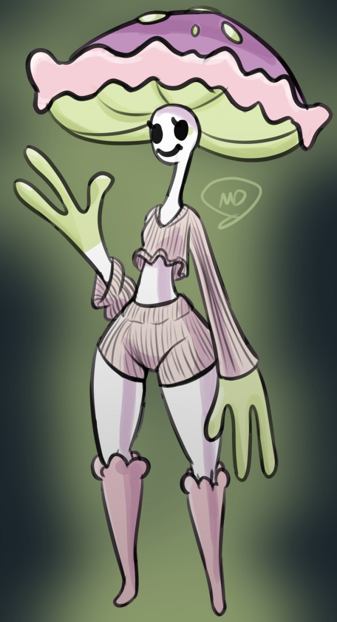 2019 3_fingers anthro biped black_eyes breasts clothed clothing digital_media_(artwork) eye_markings female fingers fungi_fauna fungi_humanoid fungus glowing green_markings humanoid kneesocks long_neck looking_at_viewer markings mdjoe mushroom mushroom_humanoid nintendo not_furry pink_clothing pok&eacute;mon pok&eacute;mon_(species) shiinotic simple_background smile solo standing sweater topwear video_games white_body