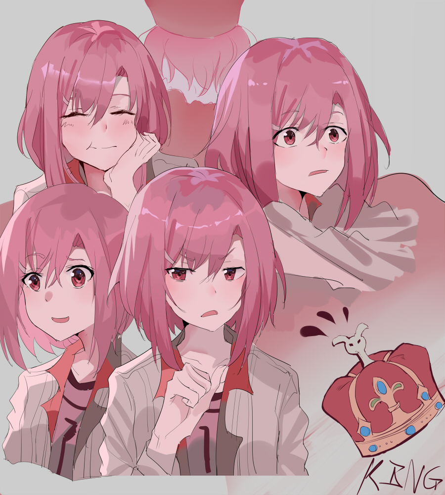 1girl :o ai-chan_(pixiv29351299) closed_eyes crown grey_background hair_between_eyes hand_up koharu_yoshino medium_hair multiple_views pink_hair red_eyes sakura_quest smile