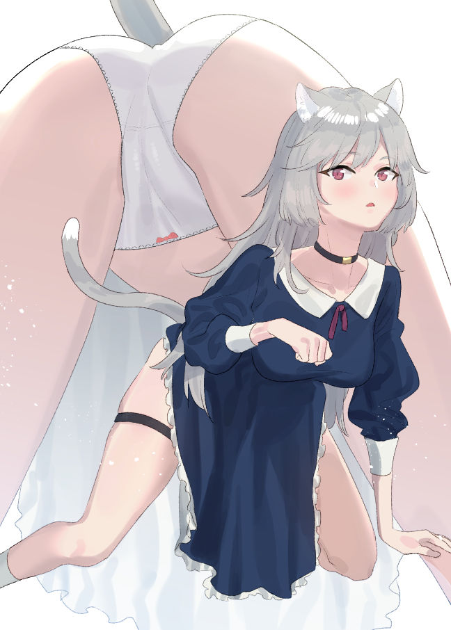 1girl animal_ear_fluff animal_ears ass blue_dress bow bow_panties breasts cat_ears cat_girl cat_tail collarbone collared_dress commentary_request dress frilled_dress frills grey_hair long_hair long_sleeves medium_breasts multiple_views original panties parted_lips puffy_long_sleeves puffy_sleeves red_eyes skindentation socks subachi tail thigh_strap underwear very_long_hair white_background white_legwear white_panties