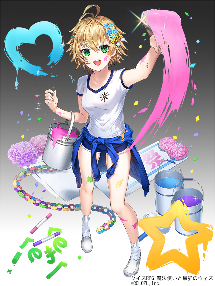 1girl :d ahoge apple_caramel blonde_hair blue_shorts bucket company_name flower gradient gradient_background green_eyes grey_background hair_flower hair_ornament hairclip mahou_tsukai_to_kuroneko_no_wiz marker official_art open_mouth paint paintbrush painting paper_chain shirt short_hair short_shorts short_sleeves shorts smile socks solo watermark white_footwear white_legwear white_shirt