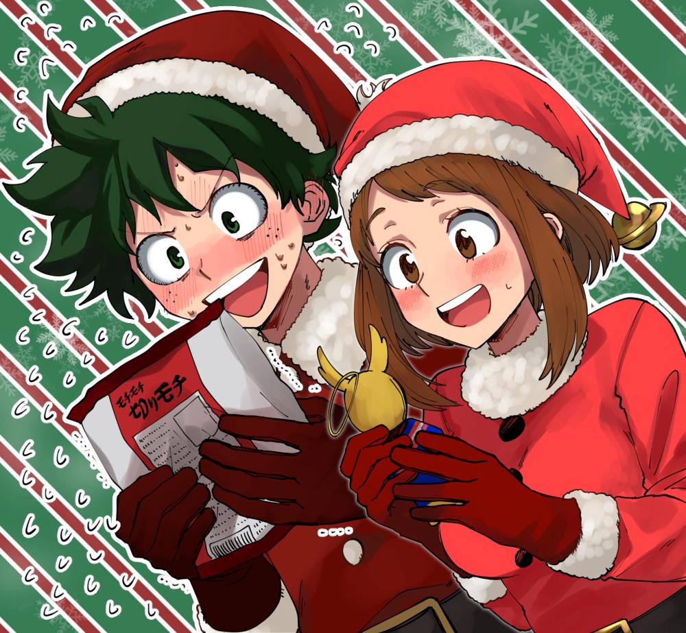 1boy 1girl :d all_might bell belt blonde_hair blush bob_cut boku_no_hero_academia brown_eyes brown_hair christmas_ornaments commentary dutch_angle food freckles furrowed_eyebrows gloves green_background green_eyes green_hair hat hat_bell iwashi_(msr_rgb) jingle_bell kirimochi_(food) midoriya_izuku mochi open_mouth red_gloves red_stripes santa_costume santa_hat short_hair side-by-side sidelocks smile snowflakes striped striped_background sweatdrop uraraka_ochako