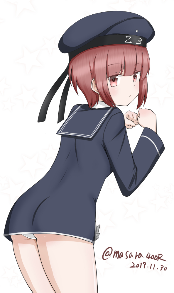 1girl ass blue_dress blue_headwear blue_sailor_collar brown_eyes brown_hair clothes_writing commentary_request cowboy_shot dated dress from_behind hat kantai_collection looking_to_the_side masara_(masalucky2010) panties sailor_collar sailor_dress sailor_hat short_dress short_hair simple_background solo standing twitter_username underwear white_background white_panties z3_max_schultz_(kantai_collection)