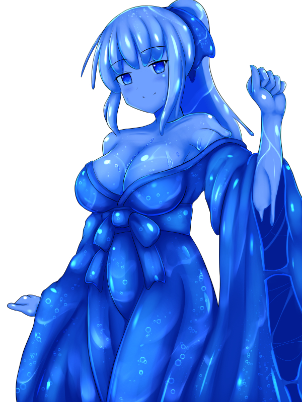 1girl blue_dress blue_eyes blue_hair blue_skin bow breasts cleavage clenched_hand dress goo_girl hair_bow hand_up monster_girl original ponytail rethnick sidelocks simple_background solo standing white_background wide_sleeves