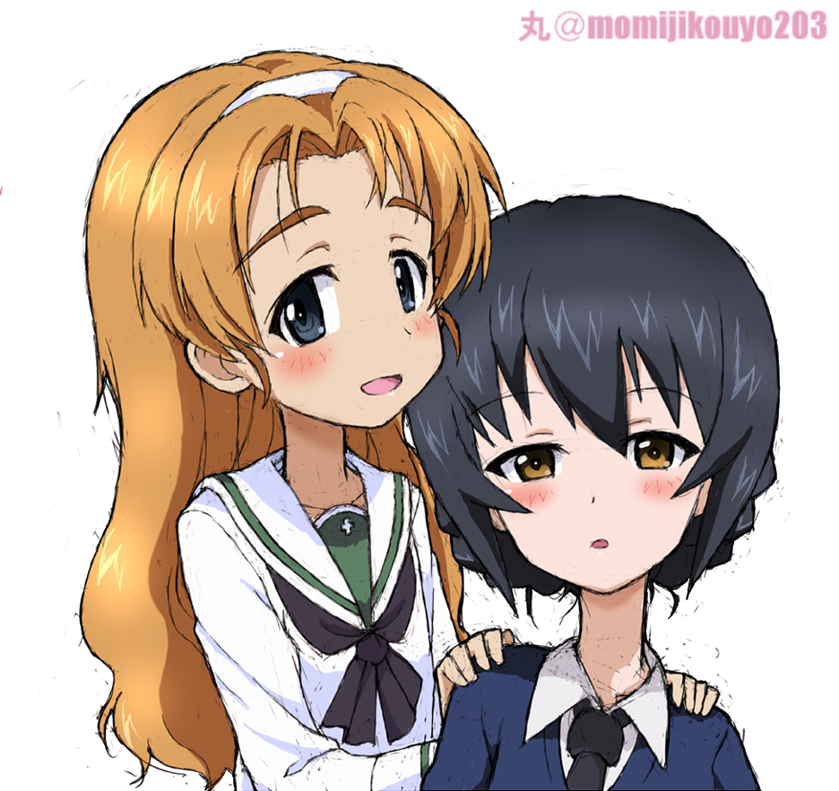 2girls alternate_hairstyle artist_name bangs black_hair black_neckwear blouse blue_eyes blue_sweater braid brown_eyes commentary cosplay costume_switch darjeeling dress_shirt girls_und_panzer hair_down hair_up hairband half-closed_eyes hands_on_another's_shoulders light_smile long_hair long_sleeves looking_at_viewer multiple_girls neckerchief necktie ooarai_school_uniform open_mouth orange_hair orange_pekoe parted_bangs reizei_mako school_uniform serafuku shirt short_hair simple_background sitting sketch smile st._gloriana's_school_uniform standing sweater tied_hair twin_braids twitter_username v-neck white_background white_blouse white_hairband white_shirt wing_collar