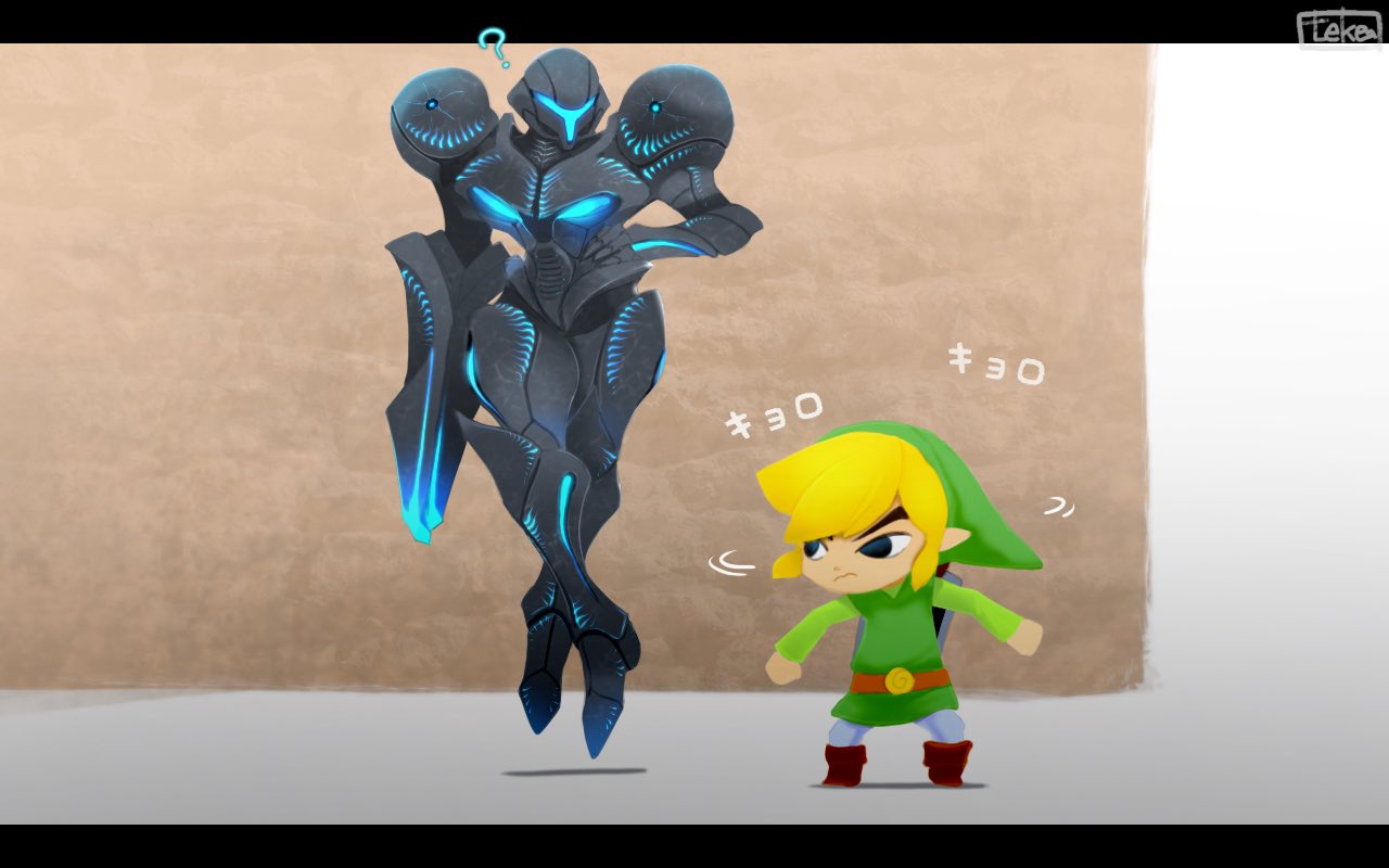 ? belt blonde_hair dark_samus floating green_headwear green_tunic hand_on_hip link looking_at_another looking_to_the_side shield super_smash_bros. teke toon_link turning_head wall