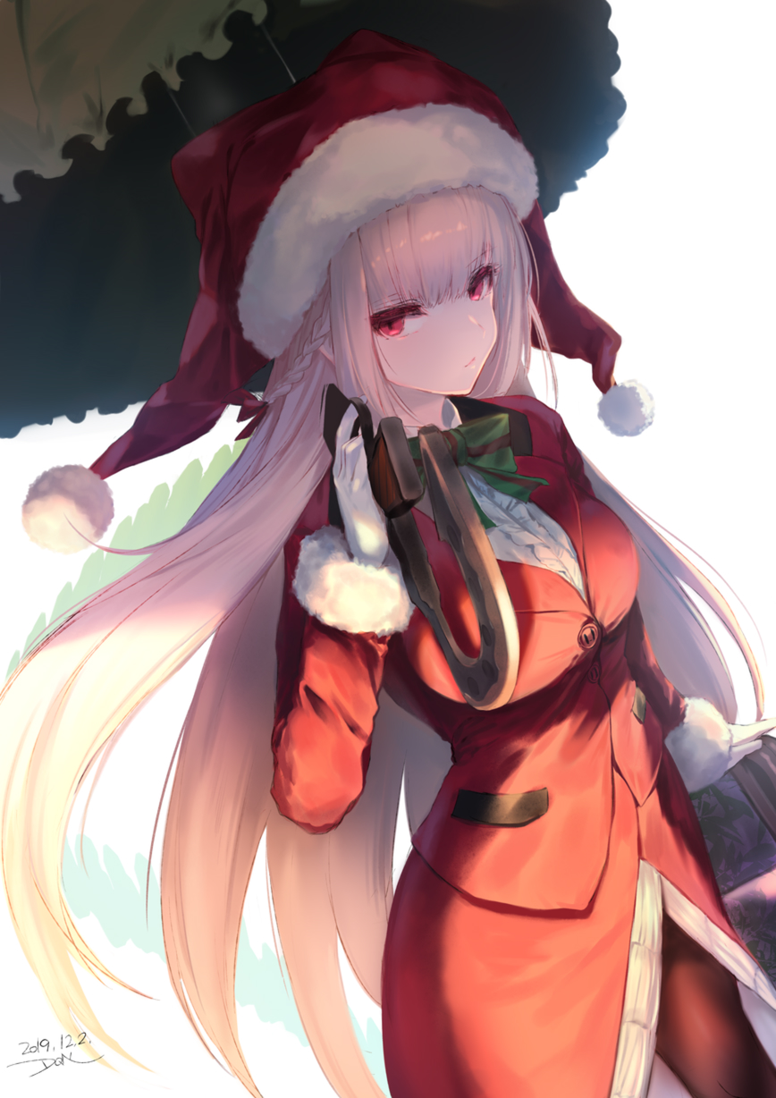 1girl bow dated dqn_(dqnww) fate/grand_order fate_(series) florence_nightingale_(fate/grand_order) florence_nightingale_santa_(fate/grand_order) gloves hat highres long_hair over_shoulder pantyhose pink_eyes pink_hair santa_hat signature skirt umbrella_gun weapon weapon_over_shoulder white_gloves