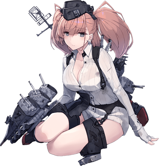 1girl atlanta_(kantai_collection) black_dress breasts brown_hair crane dress kantai_collection large_breasts long_sleeves machinery official_art pointing pointing_at_viewer radar shizuma_yoshinori short_shorts shorts suspenders torn_clothes turret