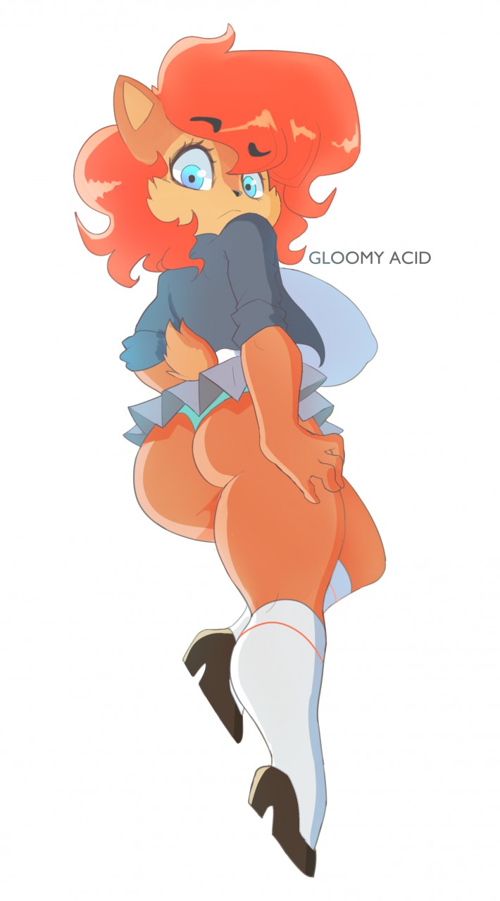 1girl animal_ears aqua_panties ass blue_eyes breasts covered_nipples eyebrows_visible_through_hair full_body fur furry gloomy_acid highres kneehighs large_breasts looking_back medium_hair orange_hair panties pantyshot pumps raised_eyebrow sally_acorn school_uniform sleeves_pushed_up solo sonic_the_hedgehog tail thick_eyebrows thick_thighs thighs underwear white_background white_legwear