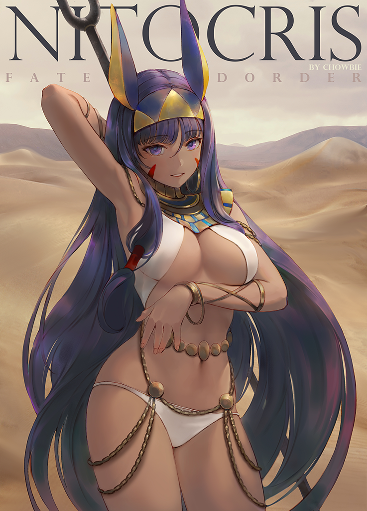 1girl animal_ears arm_up armpits artist_name bangs bare_shoulders breasts character_name choseon cleavage copyright_name cowboy_shot dark_skin desert earrings egyptian_clothes eyebrows_visible_through_hair facial_mark fate/grand_order fate_(series) hairband hoop_earrings jackal_ears jewelry long_hair mountainous_horizon navel nitocris_(fate/grand_order) parted_lips purple_eyes purple_hair revision sand smile solo straight_hair two-tone_hairband very_long_hair