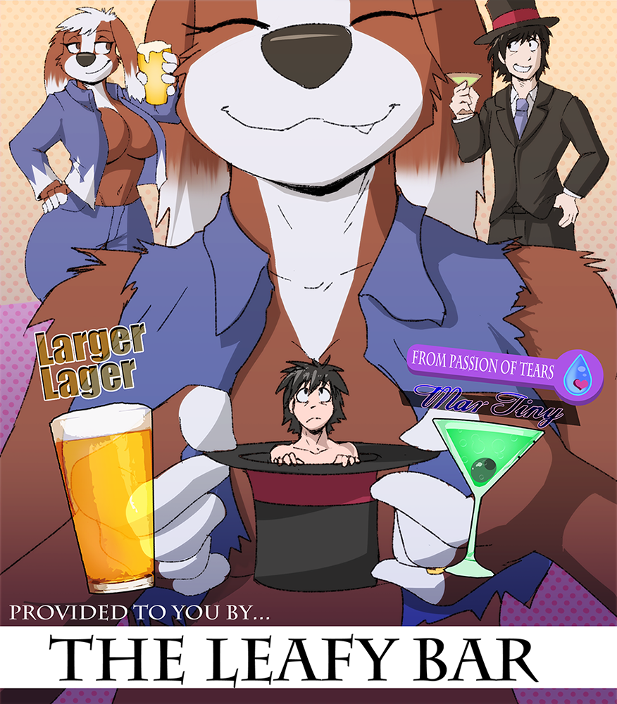 advertisement alcohol anthro beer before_and_after beverage big_breasts bird_dog breasts brown_body brown_eyes brown_fur caek canid canine canis clothed clothing cocker_spaniel cocktail digital_media_(artwork) domestic_dog dracojeff drinks duo female fur growing growth hat headgear headwear holding_object human hunting_dog looking_at_viewer macro male mammal martini micro shrinking size_difference spaniel suit the_leafy_bar top_hat transformation