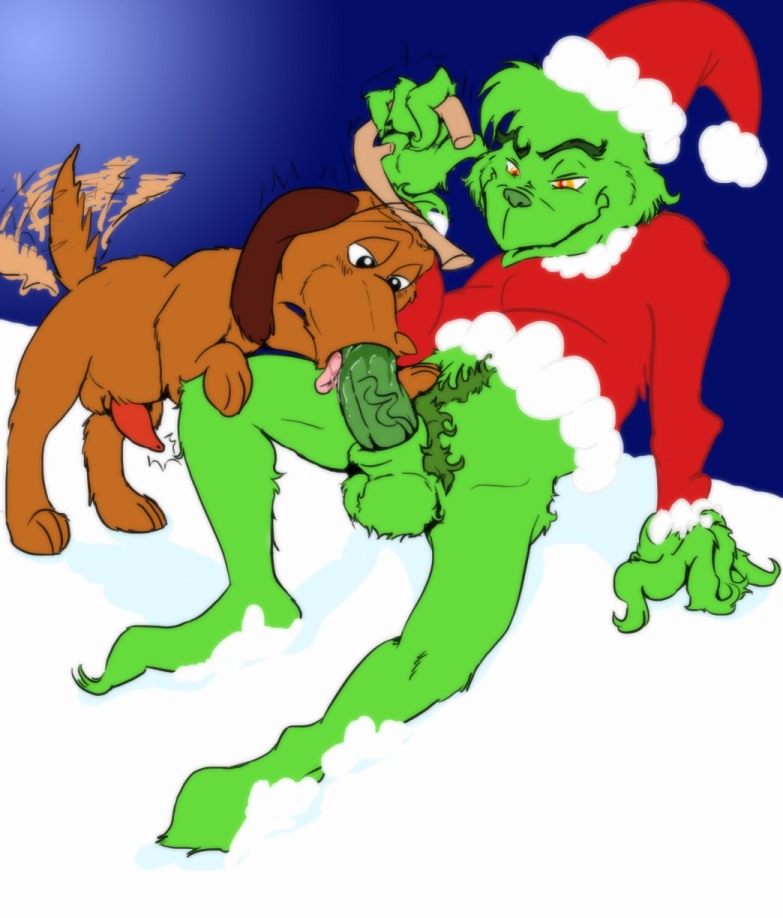 anthro balls bestiality canine christmas clothed clothing dog erection fellatio feral fur gay green_fur green_hair green_penis grinch hair half-dressed hat holidays how_the_grinch_stole_christmas interspecies male mammal max oral oral_sex penis pet pubes saliva sex smile snow tailwag tongue unknown_artist vein
