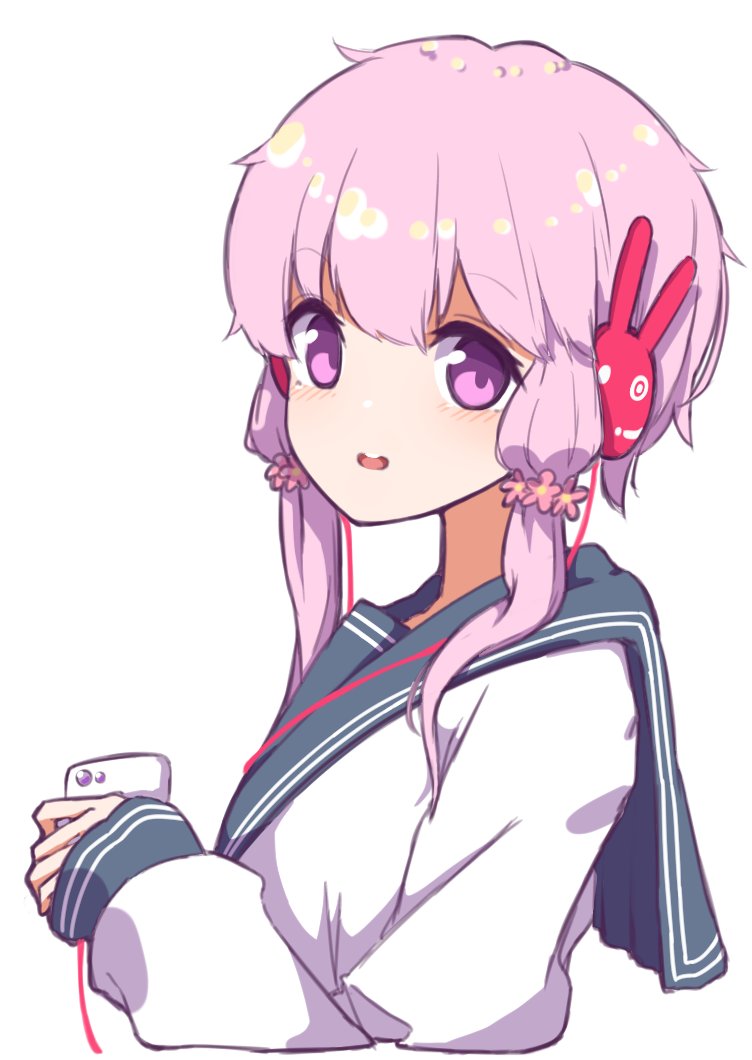 1girl animal_ears bangs black_sailor_collar blush bunny_ears bunny_headphones cellphone cropped_torso eyebrows_visible_through_hair fake_animal_ears flower hair_flower hair_ornament headphones holding holding_cellphone holding_phone long_hair long_sleeves looking_at_viewer looking_to_the_side open_mouth phone pink_flower pink_hair purple_eyes sailor_collar school_uniform serafuku shirt simple_background sleeves_past_wrists solo upper_body upper_teeth vocaloid voiceroid white_background white_shirt yusake_san yuzuki_yukari