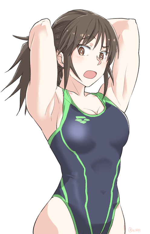 1girl armpits arms_behind_head arms_up bangs black_eyes black_hair blue_swimsuit breasts bright_pupils cleavage commentary competition_swimsuit ei_(akinosakae) eyebrows_visible_through_hair girls_und_panzer hair_up highleg highleg_swimsuit large_breasts light_blush long_hair looking_at_viewer murakami_(girls_und_panzer) one-piece_swimsuit open_mouth ponytail raised_eyebrows simple_background solo standing swimsuit twitter_username white_background white_pupils