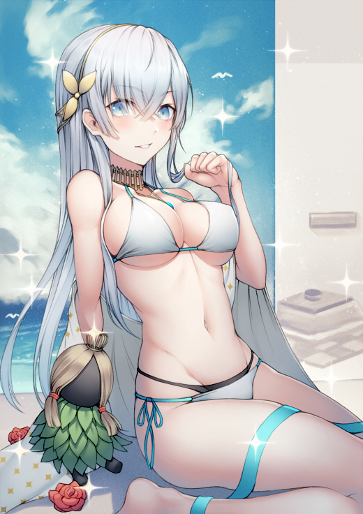 1girl anastasia_(fate/grand_order) bangs banned_artist bare_legs bare_shoulders barefoot beach bikini bird blue_eyes blue_hair blue_ribbon blush breasts cleavage cloud cloudy_sky collar collarbone commentary_request crown day doll eyebrows_visible_through_hair fate/grand_order fate_(series) flower hair_between_eyes hair_ornament kyoeiki large_breasts long_hair looking_at_viewer multi-strapped_bikini navel ocean outdoors parted_lips red_flower red_rose ribbon rose side-tie_bikini sitting sky smile solo sparkle stomach swimsuit underboob very_long_hair wariza white_bikini