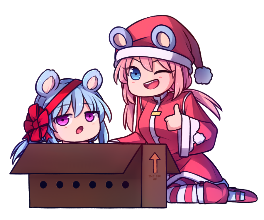 2girls :o ;d alternate_costume animal_ears bear_ears blue_eyes blue_hair box cardboard_box chibi coat commentary directional_arrow english_commentary eyebrows_visible_through_hair eyes_visible_through_hair hat in_box in_container leg_warmers long_hair long_sleeves looking_at_viewer low_twintails multiple_girls nieve_(rabi_ribi) nixie_(rabi_ribi) one_eye_closed open_mouth pink_eyes pink_hair pom_pom_(clothes) rabi-ribi red_coat red_ribbon ribbon santa_costume santa_hat simple_background smile speckticuls striped striped_legwear thighhighs thumbs_up twintails v-shaped_eyebrows white_background wide_sleeves