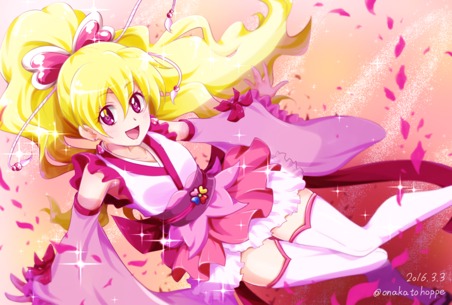 1girl 2016 :d anmitsu_komachi blonde_hair boots bow collarbone cosplay cure_fortune cure_fortune_(cosplay) cure_peach dated detached_sleeves floating_hair fresh_precure! frilled_kimono frills hair_bow happinesscharge_precure! japanese_clothes kimono layered_skirt long_hair long_sleeves looking_at_viewer miniskirt niita open_mouth outstretched_arms outstretched_hand pink_bow pink_skirt pink_sleeves pleated_skirt precure red_eyes skirt sleeveless sleeveless_kimono smile solo sparkle thigh_boots thighhighs twitter_username very_long_hair white_footwear white_kimono white_skirt wide_sleeves zettai_ryouiki