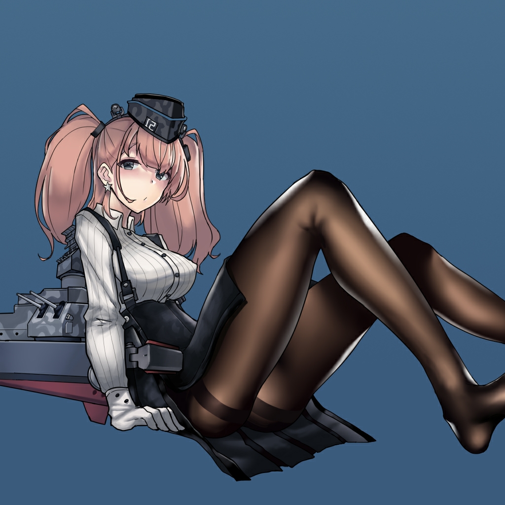 1girl alternate_legwear arm_support atlanta_(kantai_collection) black_skirt crane earrings garrison_cap gloves grey_eyes hat high-waist_skirt jewelry kantai_collection kuroinu9 machinery pantyhose partly_fingerless_gloves shirt sitting skirt solo star star_earrings suspender_skirt suspenders thighband_pantyhose turret white_shirt