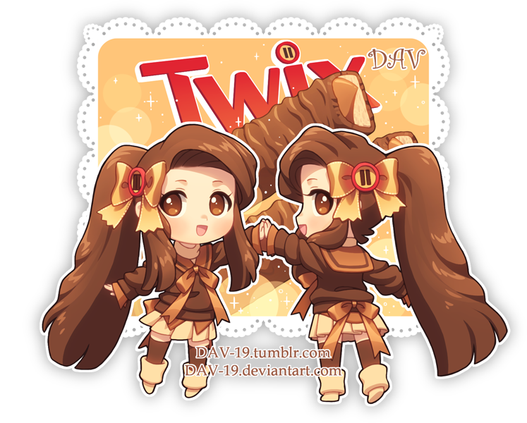 2girls :d artist_name boots bow brown_bow brown_eyes brown_footwear brown_hair brown_legwear brown_sailor_collar brown_shirt brown_skirt chibi commentary dav-19 doily english_commentary hair_bow hands_together long_hair long_sleeves multiple_girls open_mouth original personification pleated_skirt sailor_collar school_uniform serafuku shirt siblings sisters skirt sleeves_past_wrists smile sparkle standing thighhighs transparent_background twins twix very_long_hair watermark web_address