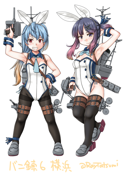 2girls black_legwear blue_hair blue_neckwear blue_ribbon bunnysuit buttons cannon full_body gradient_hair grey_footwear holding_turret kantai_collection long_hair looking_at_viewer machinery multicolored_hair multiple_girls neckerchief pantyhose purple_eyes purple_hair red_eyes ribbon sado_(kantai_collection) short_hair sidelocks simple_background smile smokestack tatsumi_ray thighhighs tsushima_(kantai_collection) white_background