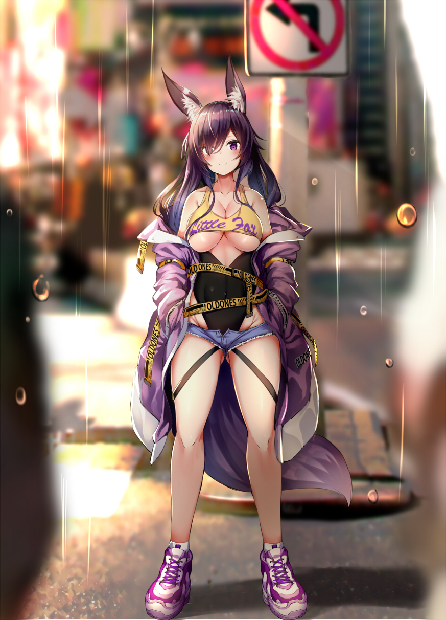 1girl animal_ear_fluff animal_ears ass_visible_through_thighs bare_legs bare_shoulders belt black_hair blurry breasts clothes_writing collarbone commentary covered_navel cutoffs denim denim_shorts depth_of_field directional_arrow fox_ears fox_girl fox_tail full_body groin hair_over_one_eye hands_in_pockets highres jacket large_breasts long_hair long_sleeves looking_at_viewer micro_shorts off_shoulder open_clothes open_fly open_jacket original purple_eyes purple_jacket rain shoes shorts sign smile sneakers solo sports_bra standing stop_sign tail thighs underboob water yukishiro_arute
