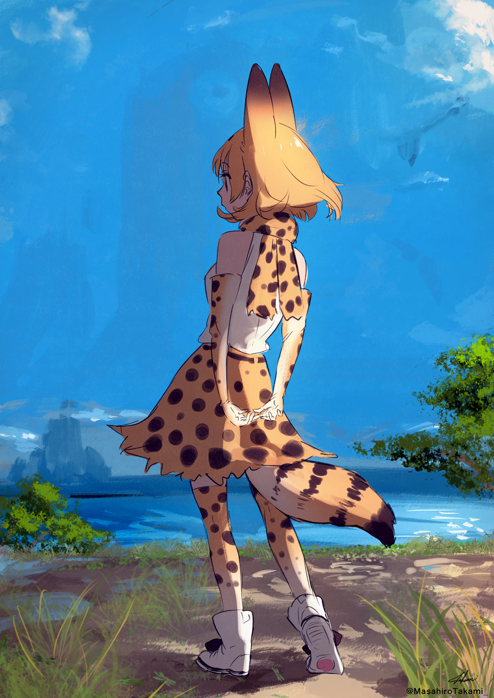 1girl animal_ears arms_behind_back bare_shoulders blonde_hair blue_sky commentary_request day elbow_gloves from_behind full_body gloves highres kemono_friends outdoors print_legwear print_scarf print_skirt scarf serval_(kemono_friends) serval_ears serval_print serval_tail shirt short_hair signature skirt sky sleeveless sleeveless_shirt solo standing tail takami_masahiro thighhighs twitter_username white_footwear white_shirt