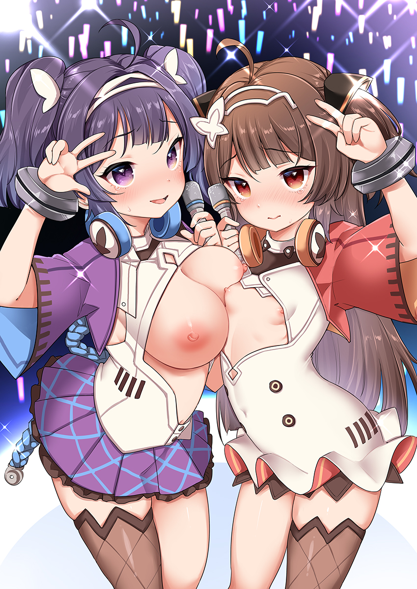 2girls ahoge areolae azur_lane blush braid breasts brown_hair closed_mouth covered_navel eyebrows_visible_through_hair headphones headphones_around_neck highres holding holding_microphone large_breasts lens_flare long_hair medium_hair microphone mojarin_(kihara_mojarin) multiple_girls navel ning_hai_(azur_lane) ning_hai_(dragon_sisters!)_(azur_lane) nipples open_mouth orange_eyes ping_hai_(azur_lane) ping_hai_(dragon_sisters!)_(azur_lane) purple_eyes purple_hair purple_skirt skirt small_breasts smile sparkle tears thighhighs tight twintails v w
